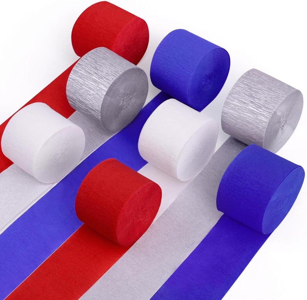 8 Rolls Patriotic Crepe Paper Streamers 1.8″x82′ each Red,White,Blue,Gray/Silver
