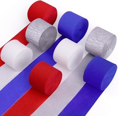 8 Rolls Patriotic Crepe Paper Streamers 1.8″x82′ each Red,White,Blue,Gray/Silver