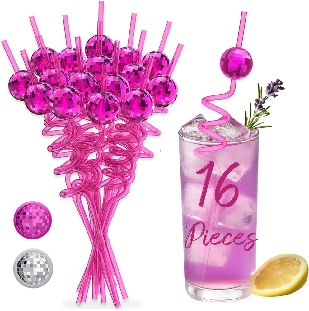 16PCS Disco Party Decorations, Mini Disco Ball Decor Reusable Straw, 70S Disco B