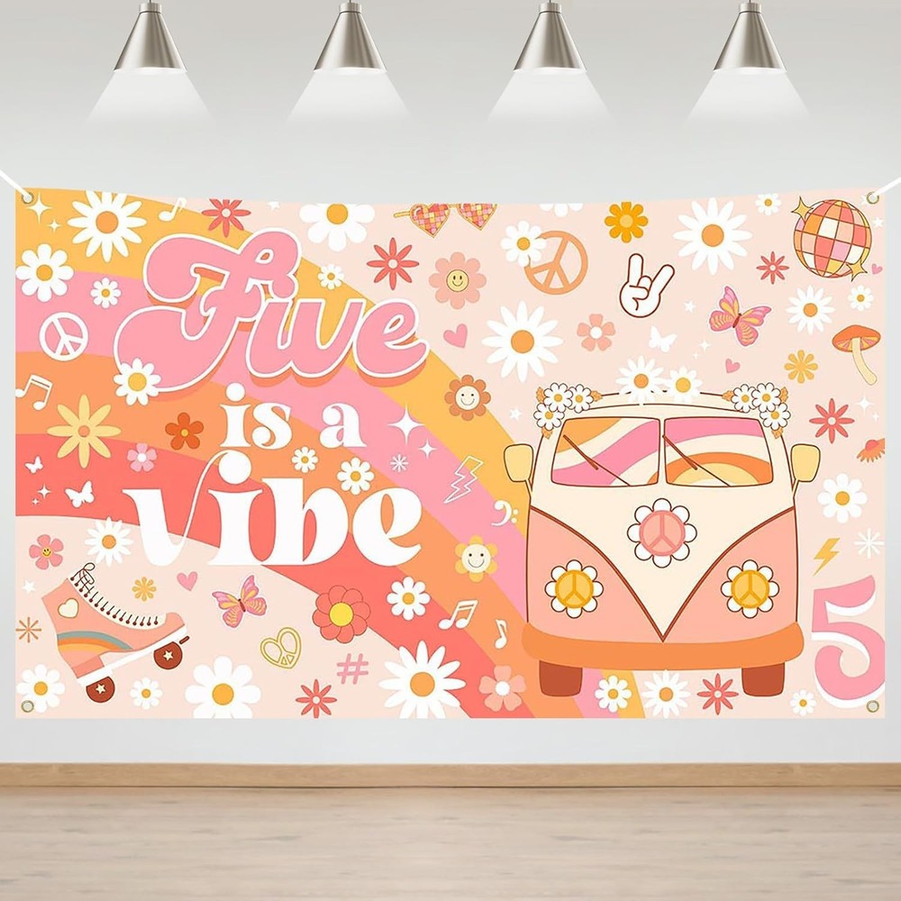 Mocsicka Groovy 5th Birthday Backdrop Banner Five is a Vibe Birthday Background