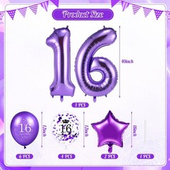 Purple 16th Balloon Decorations Set for Girls 40 Inch Large Number 16 Star Fo…