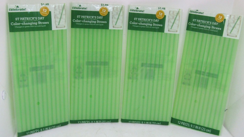 Celebrate, St. Patricks Day 12 Pack Color-Changing Straws. Set of 4.