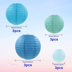 Blue Paper Lanterns 12 Pcs Assorted size of 6″ 8″ 10″ 12″ Chinese Round Paper Ha