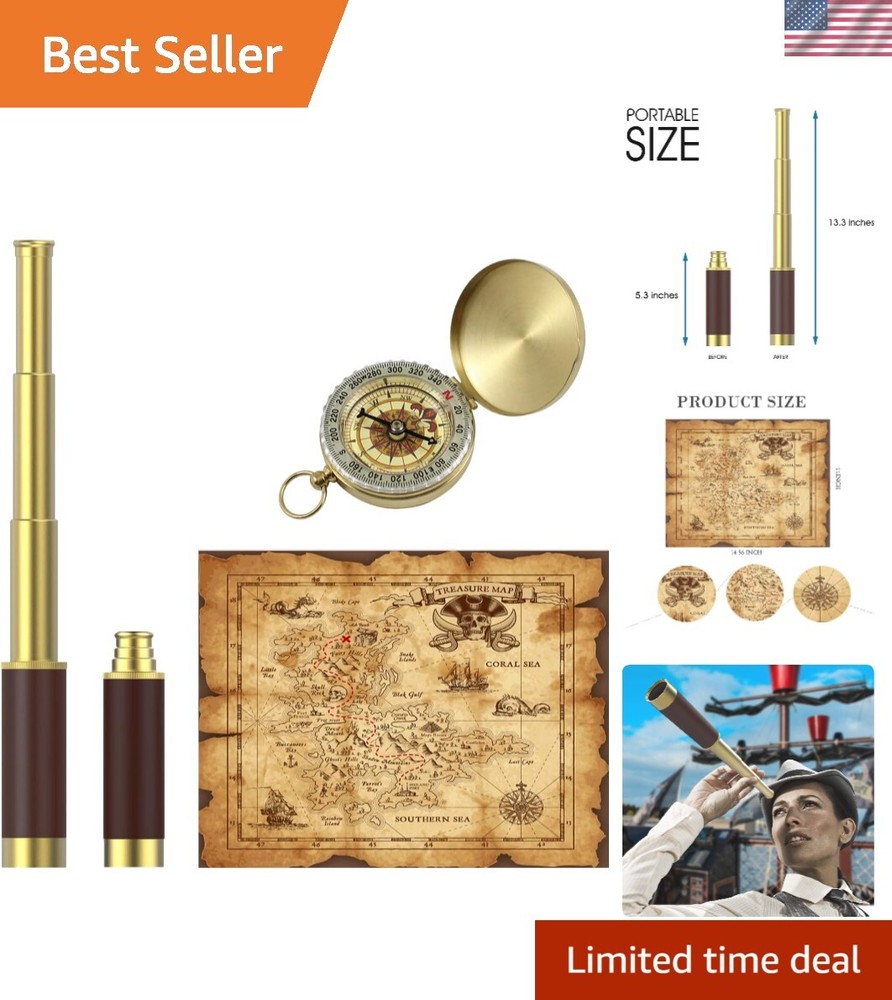 Portable Collapsible Pirate Telescope Set with Treasure Map & Pocket Compass