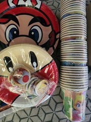 Mario Bro Birthday Decorations,Table Covers,Stickers,Plates BD letters 215 Pcs