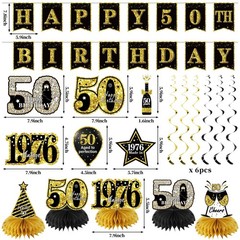 50th Birthday Party Decorations – 21pcs 1976 Banner, Black Gold Balloons, Backdr