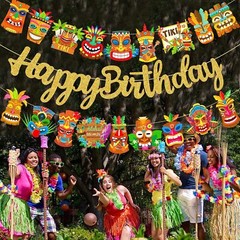 Hawai Luau Banner Hawaiiian Tiki Birthday Party Decorations 3Pcs Multicolor
