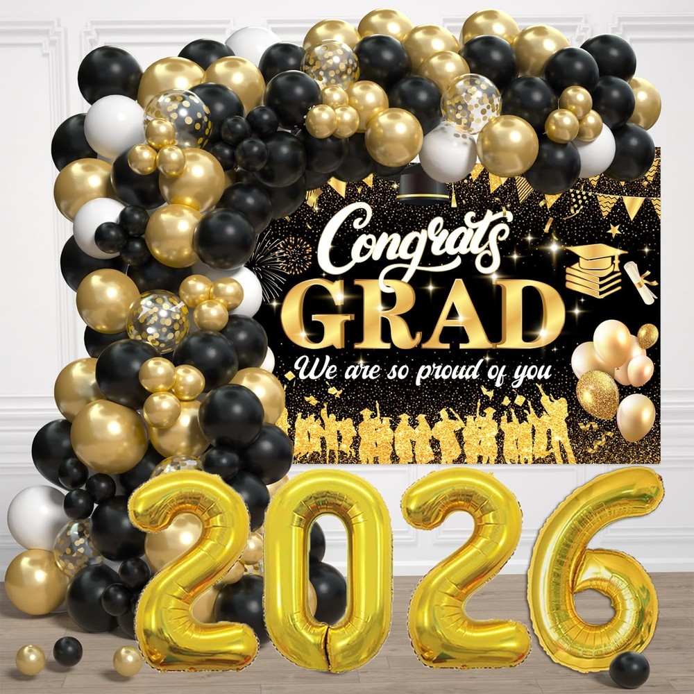 2026 Graduation Party Decorations – Black Gold Balloon Arch Kit & Congrats Grad