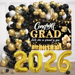 2026 Graduation Party Decorations – Black Gold Balloon Arch Kit & Congrats Grad