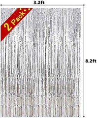 2 Pcs 3.2ft x 8.2ft Shiny Metallic Tinsel Foil Fringe Curtains Photo Silver