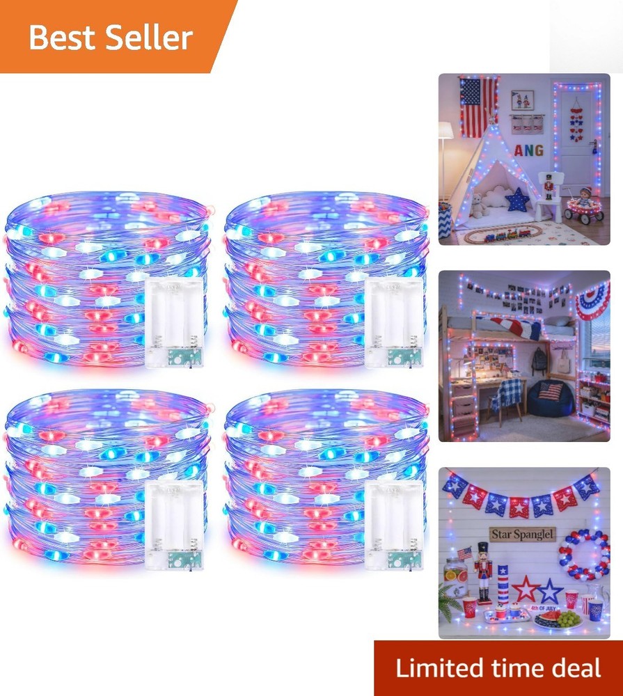 4 Pack Waterproof Red, White & Blue Fairy Lights – Perfect for 4th of July Decor