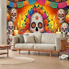 Colorful Día de los Muertos Backdrop Banner – Sugar Skulls & Flowers, 8x6ft Part