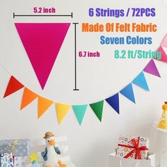 6 Strings 72PCS Rainbow Felt Bunting Colorful Pennant Banner Flags with Ribbo…