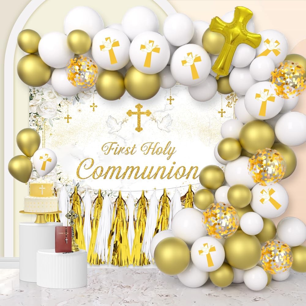 First Holy Communion Decorations 121Pcs – 1.8×1.1m Backdrop & Balloon Set