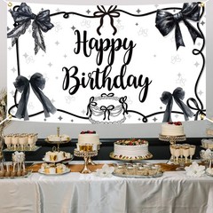 Coquette Black Bow Happy Birthday Backdrop Girls Women Photography 5.9×3.6 Ft