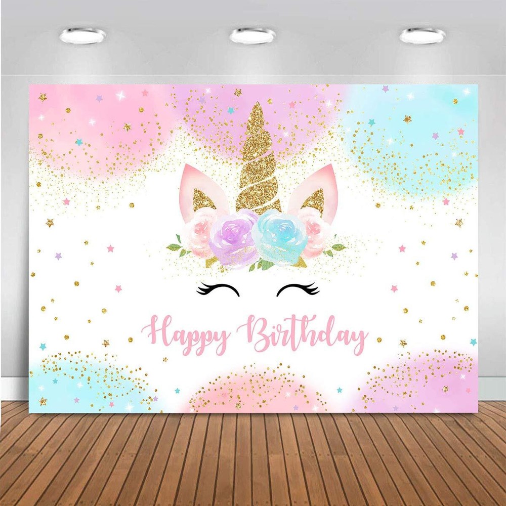 Unicorn Birthday Party Backdrop Pastel Rainbow Glitter Photo Booth Props