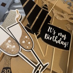 30 Th Birthday Photo Props Glitter Black Gold 16 Pcs