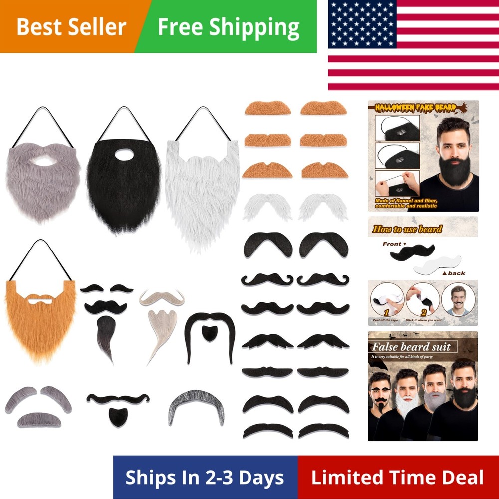 32 Pcs Fake Mustaches Funny Self Adhesive Fake Beard Moustache Costume Realis…
