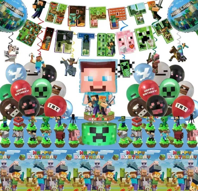 Pixel Birthday Party Decorations, Party Supplies Set Including Balloons