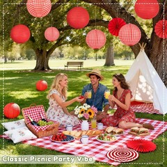 15 Pcs Red Gingham Party Decorations 12 Inch Paper Lanterns and Fans for Picnic