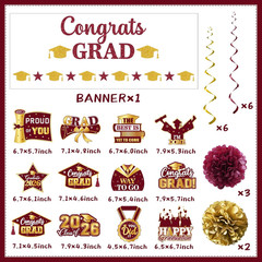 Maroon Graduation Decorations 2026, Glitter Congrats Grad Banner Hanging Swirls