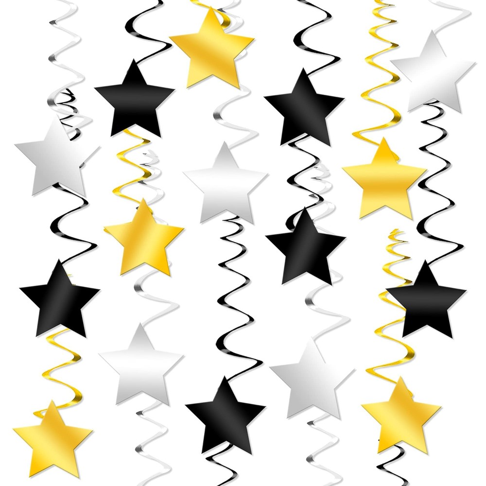 Black Gold and Silver Star Hanging Swirls- Pack of 30, No DIY | Star Ceiling Dec