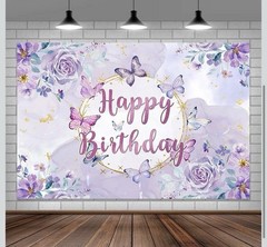 Purple Butterfly Birthday Backdrop for Girl, Purple Floral Butterfly Birthday Pa