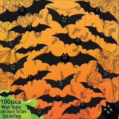 100pc 3D Halloween Bat Wall Decor Glow in Dark Fangs Indoor Outdoor Party