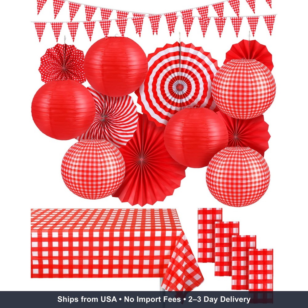 18 Pcs Red Gingham Picnic Party Decorations Tablecloth Banner Fans Lanterns