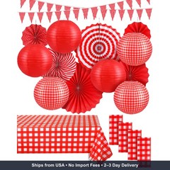 18 Pcs Red Gingham Picnic Party Decorations Tablecloth Banner Fans Lanterns