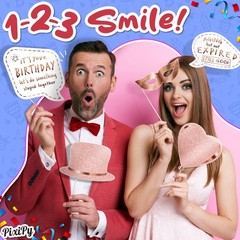 Premium Birthday Photo Booth Props Kit, 27 Pack of 27, White & Rose Gold