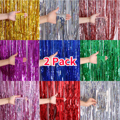 2x Laser Party Curtain Background Metallic Foil Fringe Birthday Photo Wall Decor