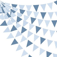 32Ft Dusty Blue Party Decorations Blue Gingham Triangle Banner Flag Pennant F…