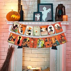 Vintage Halloween Decorations Trick or Treat Banner, Cats, Witches, Ghosts