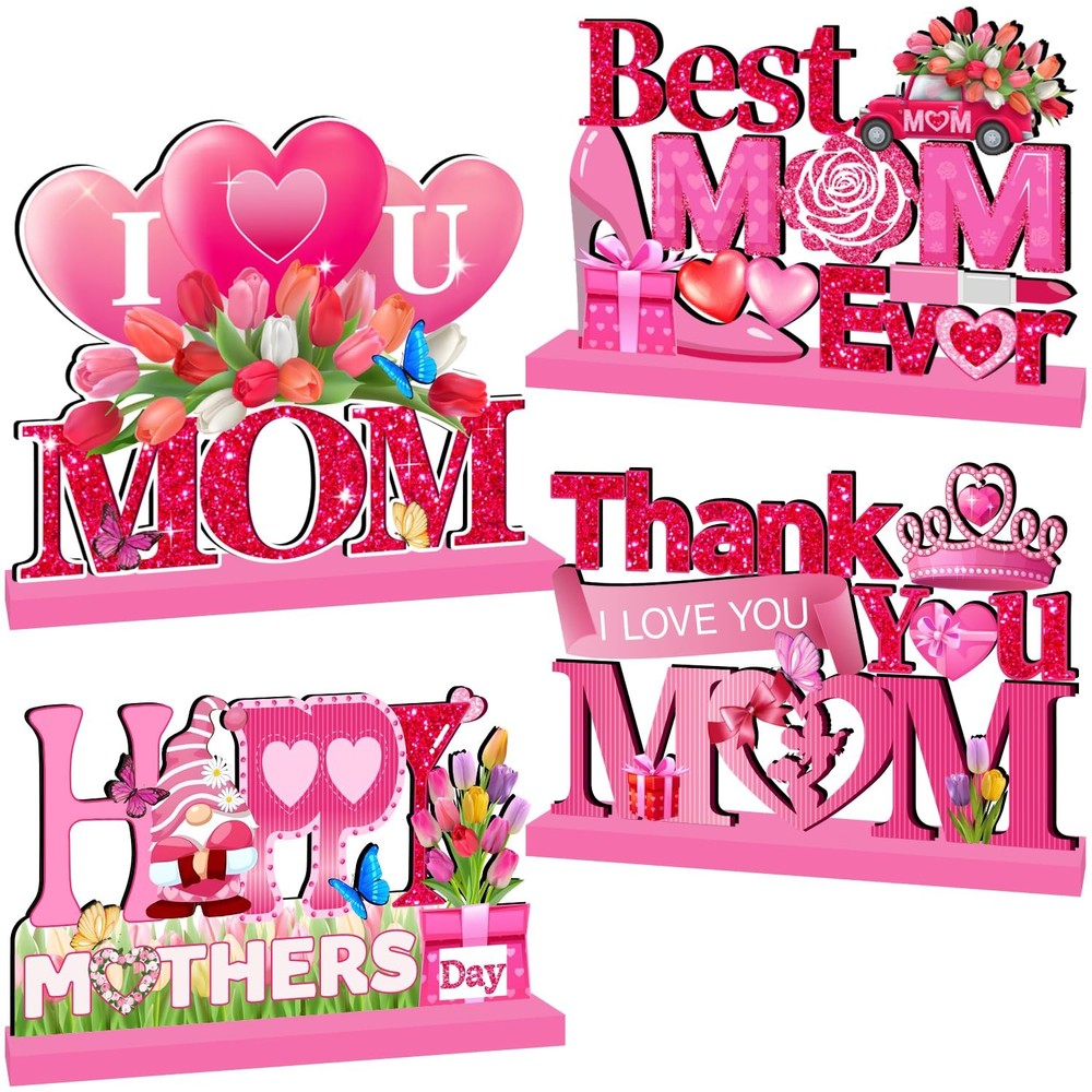 4 PCS Mother’s Day Decorations Wood Table Centerpieces Pink I Love U Mom
