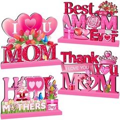4 PCS Mother’s Day Decorations Wood Table Centerpieces Pink I Love U Mom