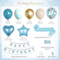 Upgraded Birthday Decorations, Happy Birthday Banner, Sash, Dusty Gold Blue