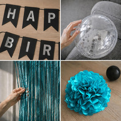 Black Teal Blue and Silver Happy Birthday Party Decorations Turquoise Aqua Ballo