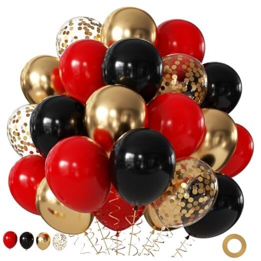 Red Black Gold Balloons, 60Pcs 12Inch Red and Black Gold Black Red Gold