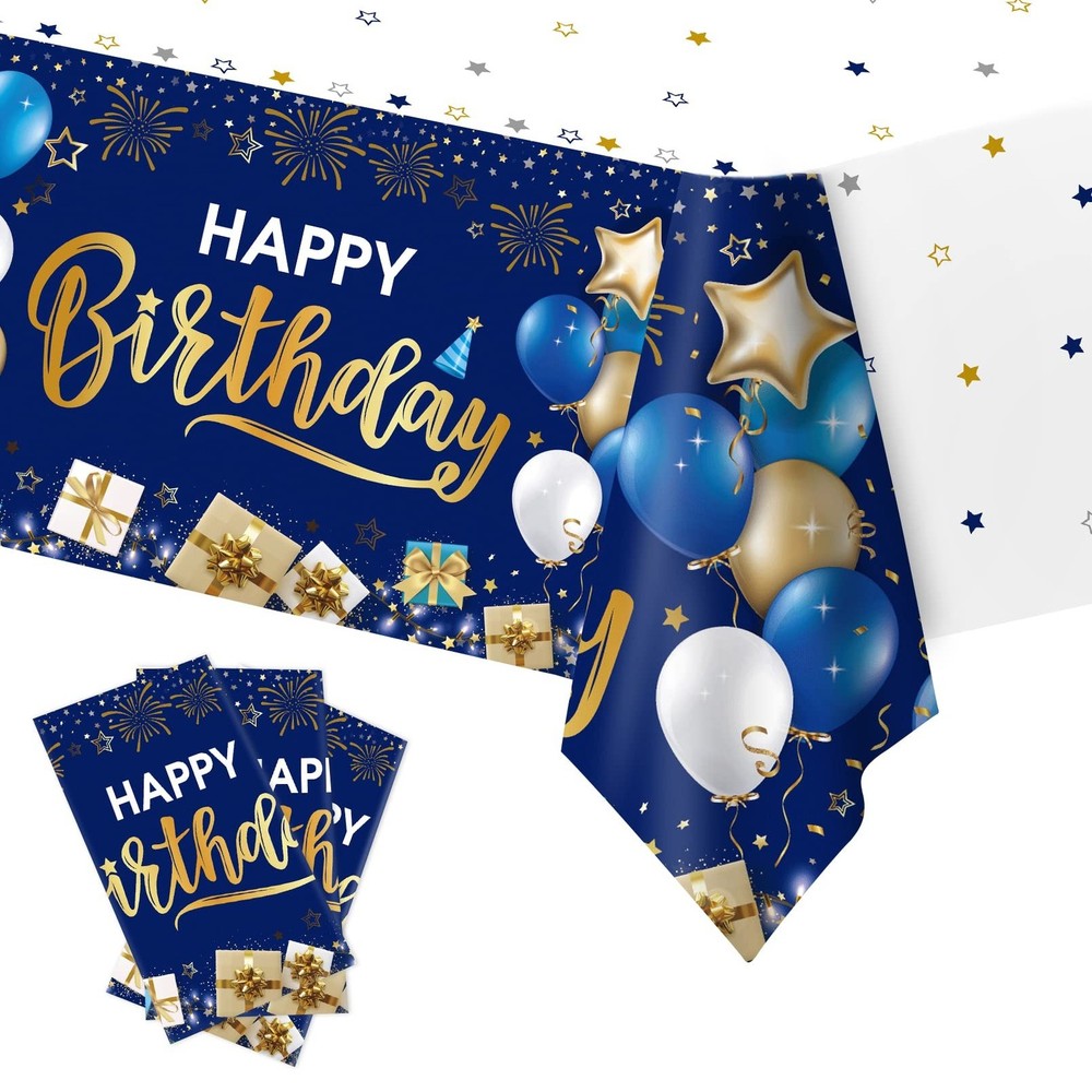 DUAIAI Happy Birthday Decorations, 3 Pcs Navy Blue and Gold Birthday Tableclo…