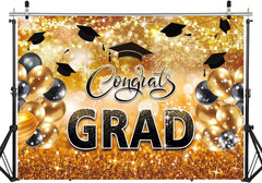 8X6FT Congrats Grad Backdrop Black Gold Glitter Graduation Party Decorations …