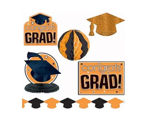 «Congrats Grad!» Graduation Party Room Decorating Kit, Orange and Black, Paper