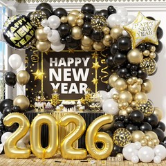 Happy New Year Balloon Arch, Black White and Gold Balloon Garland Kit with Ne…
