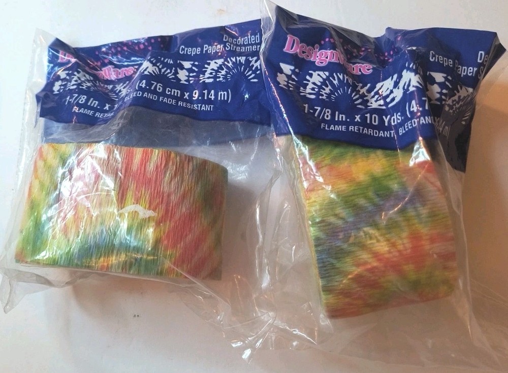 Lot of 2 DesignWare Decorated Crepe Paper Streamers Vtg Tie Dye 20 Yards Total