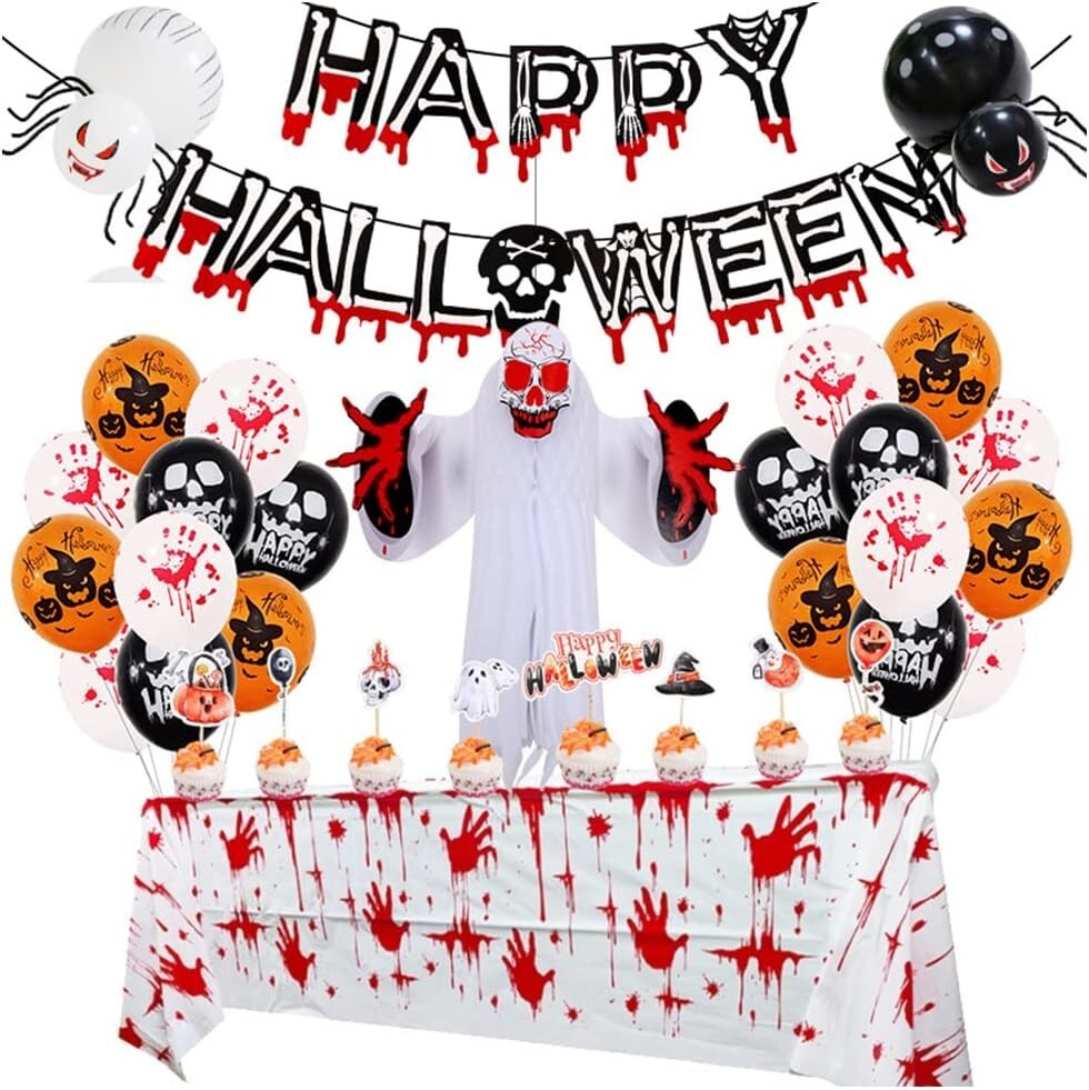 Spider and Skull Ghost Tablecloth & Cake Topper Set Halloween Party Decorations