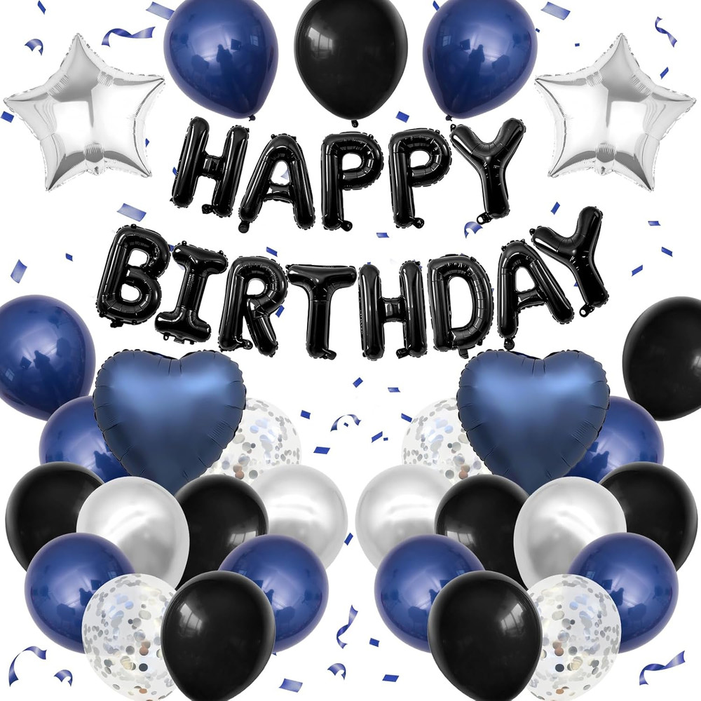 Navy Blue Black Birthday Balloon Kit Happy Birthday Banner Confetti Party Set