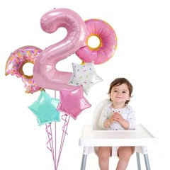 Two Sweet Birthday Decorations, Number 2 Balloons, 6 Pcs 40” Pink Donut Ballo…