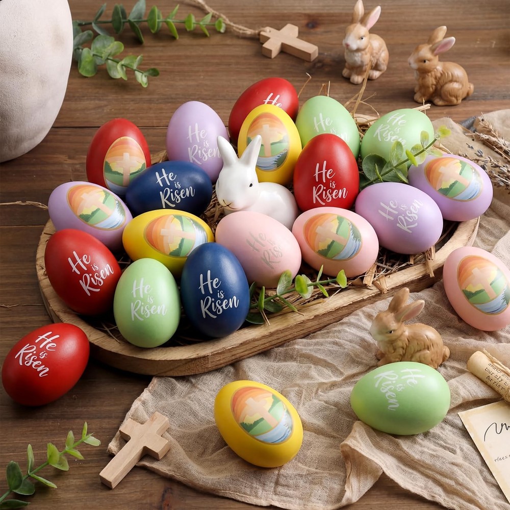 12 PCS Wooden Easter Egg Religious Decor He Is Risen Colorful Resurrection