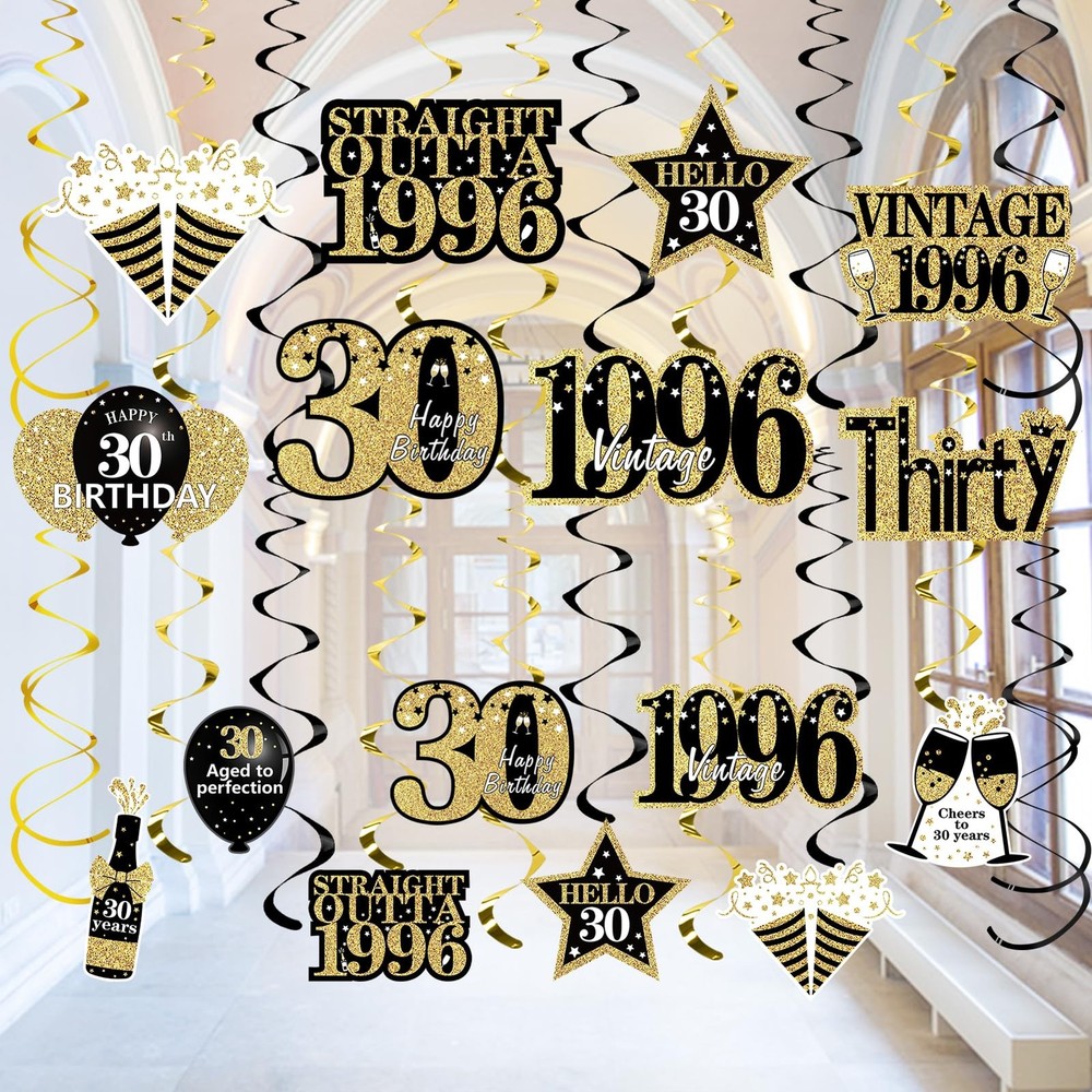 Turypaty 30th Birthday Decorations Hanging Swirls for Men Black Gold