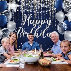 Happy Birthday Backdrop for Men Boys Banner 7x5ft Navy Blue and Silver